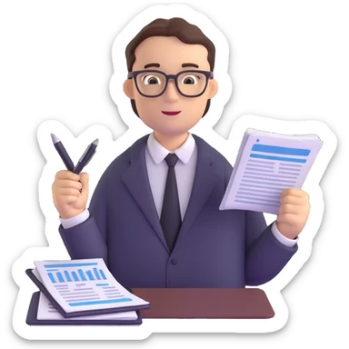 male accountant with financial reports, pen and glasses sticker