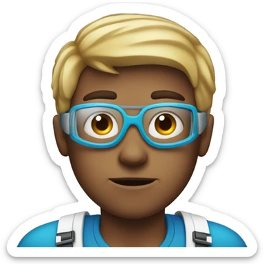 serious boy in blue shirt, with a snorkel sticker