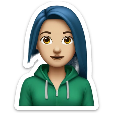 white girl with dark blue long hair wearing unzipped green hoodie sticker