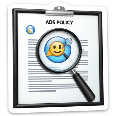 Ads policy document with a magnifying glass examining it sticker
