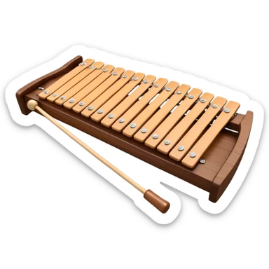 Create a vibrant and detailed emoji representing a Fleet FLT-SX37 xylophone. The design should feature the sleek wooden keys of the xylophone, arranged neatly on the frame, with metal bars clearly visible. Add the mallets placed beside the instrument or in motion, highlighting their soft rubber heads. Use warm, natural wood tones for the keys, with subtle metallic accents to reflect the professional quality of the instrument. Add small musical notes or soundwaves around the xylophone to evoke its bright, percussive sound. The background should be transparent. sticker