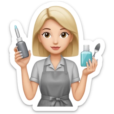 female nail master in grey apron with small gel polish in one hand and nail file in other  sticker