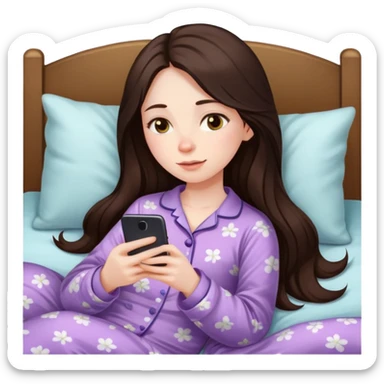 girl with long dark brown hair and pale laying in bed in pajamas looking at her phone sticker