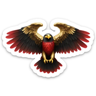 An imposing eagle with outstretched wings, symbolizing strength and leadership, in red, black, and gold sticker