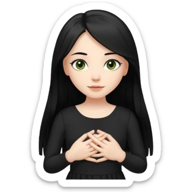 Pale girl with long black hair and olive green eyes soft smile wearing black dress and holding hands over her chest sticker