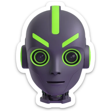humanoid AI robot headshot, cute, small, color scheme charcoal, black, neon green, gray, 3D style sticker