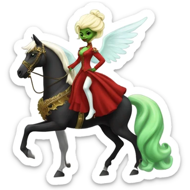 "galora green blonde alien woman" in red Victorian elegant dress, full body, rides winged horse
NO WOKE
 sticker