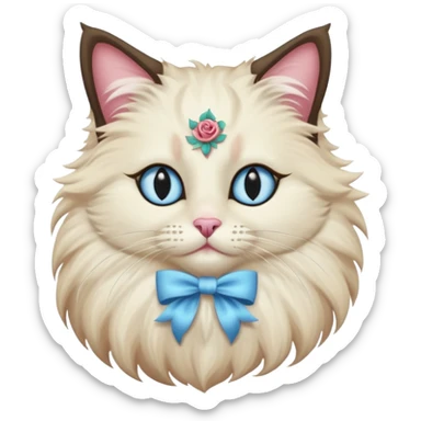 Neva masquerade cat, very fluffy, with pale blue eyes and rose nose sticker