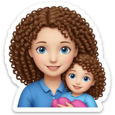 Una niña con ojos celestes y pelo rizado con piel blanca y con una muñeca  sticker