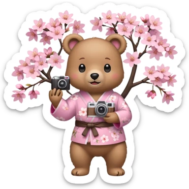 A cute light-brown bear wearing a pastel pink sakura-patterned kimono, normal balanced body ratio.  
Standing under a blooming sakura tree, holding a small camera and taking a picture with a happy smile.  
Kawaii emoji style, minimalistic clean sticker illustration, simple scenic background.
 sticker