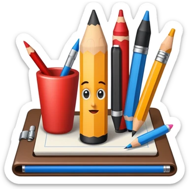 vibrant and detailed icon symbolizing cartooning. The design should feature elements like a pencil, a sketchpad with exaggerated caricatured faces or figures and artistic tools like ink bottles or markers. Use bold, bright colors to reflect the playful of caricature art. transparent background sticker