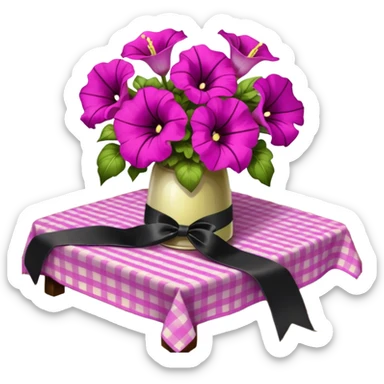 A lush bouquet of bright light margenta color petunia black satin ribbon, resting on an antique wooden table, with a pale yellow and pink plaid pattern table cloth sticker