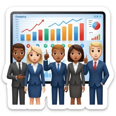 group of people pointing at a digital presentation screnn full of charts and graphs sticker