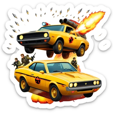 Icon for Action Movies: A photorealistic, vibrant collage in the style of a movie poster, featuring intense action scenes—explosions, high-speed chases, and dramatic close-ups of characters in combat. The design should capture the adrenaline-pumping energy of action films. Transparent background. sticker