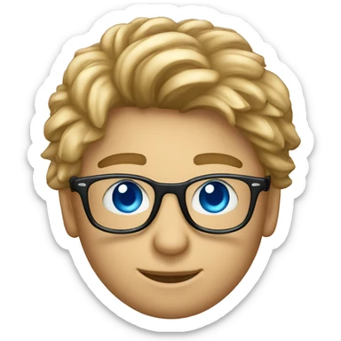 Un ragazzo riccio con gli occhi azzurri e gli occhiali che usa un macbook sticker