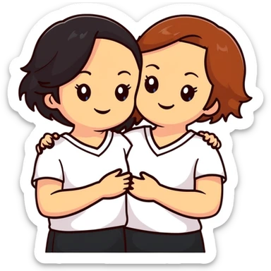 Two girls with light skin, one with chestnut hair and one with black hair, wearing white V-neck shirts, hugging warmly with gentle smiles sticker