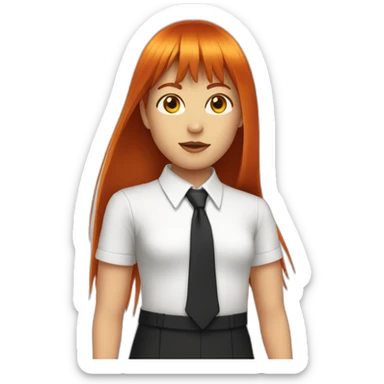 (gril) makima with long straight red hair fringe, yellow eyes with a circle inside and a white shirt and black tie sticker