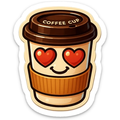 Ink wash style, coffee cup creature, big heart eyes, dopey smile sticker
