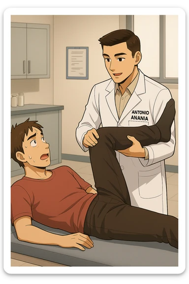 fai un webtoon manga a colori con questo stile, in cui un uomo è steso sul lettino medico e il kinesiologo con il camice bianco (fagli anche la scritta "ANTONIO ANANIA" SUL CAMICE, gli solleva una gamba per fargli il test neuromuscolare, IL KINESIOLOGO SPIEGA ALL'UOMO UNA cosa mentre gli alza la gamba. non fare i fumetti però, fai solo in modo che sembri stiano parlando sticker