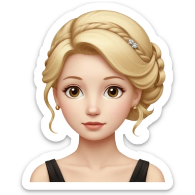 Cinematic Realistic Rococo Portrait, depicted with lifelike skin texture, subtle rosy undertones, and soft natural lighting that enhances the gentle contours of her face. Her intricately detailed golden blonde hair is elegantly styled in an updo, sticker