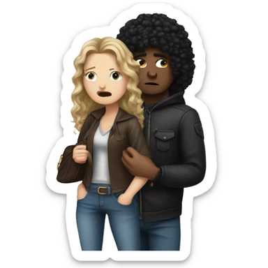  white girl with long black curly hair crying next to a thief who stole a women bag sticker