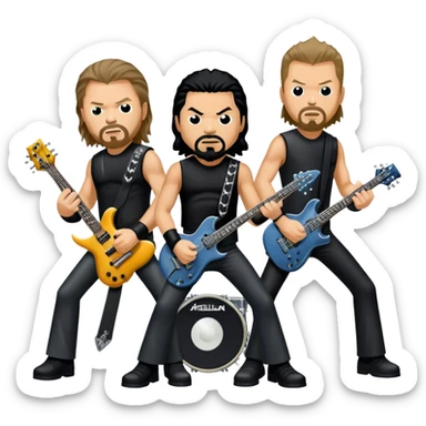 Icon for Metal Music: Metallica four band members detailed in their signature look. James Hetfield with guitar, Lars Ulrich on drums, Kirk Hammett with his electric guitar, and Robert Trujillo playing bass. Bold, energetic style, all in a heavy metal aesthetic. Transparent background. sticker