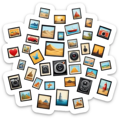 Icon for Photograph and Poster Collecting: a collection of photographs and movie posters, neatly displayed on a wall or in frames. The icon should evoke the nostalgia and artistic value of collecting rare images and posters. Transparent background. sticker