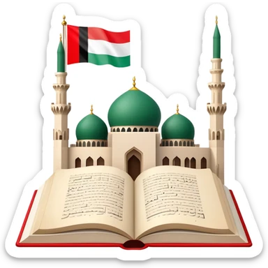 An icon featuring the mosque and the flag of United Arab Emirates, symbolizing the Arabic language. The design includes an open book with Arabic script and calligraphy, representing language learning and cultural heritage. Transparent background sticker