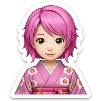 anime girl pink hair smiling , in kimono sticker