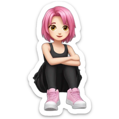 Full body Front view curvy emo girl pink hair sits on the floor straight view hands up black skirt полосатые рваные чулки sticker