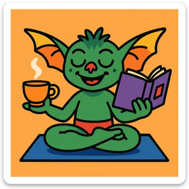 playful and lighthearted gremlin doing yoga, sipping tea and reading a book sticker