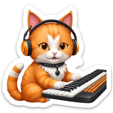 cat playing a keyboard with headphones on sticker