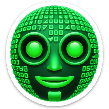 Cyberpunk emoji formed from cascading green Matrix symbols, neon glow, dark futuristic background, smooth rounded design, 3D style, high contrast, cinematic lighting. sticker