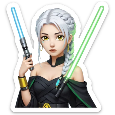  a closeup portrait of young woman with gold yellow eyes, white hair, long braid, black off-shoulder top, punk gothic style, futuristic cyberwave cyberpunk,  jedi attire and posture robes of a padawan, foreweilding a bright blue-green lightsaber sticker