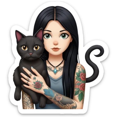 white girl with long black  straight hair and tattoos and  a German Cat sticker
