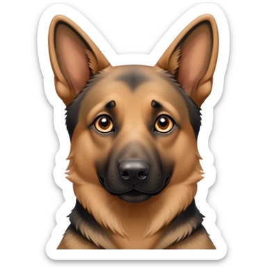 Cinematic Cute Tan/Black German Shepherd Portrait Emoji, Head tilted playfully and inquisitively, showcasing a smooth tan coat with distinctive black markings and piercing brown eyes filled with curiosity, Simplified yet irresistibly adorable features, highly detailed, glowing with a warm, friendly glow, high shine, affectionate and alert, stylized with a touch of whimsy, bright and endearing, soft glowing outline, capturing the essence of a mischievous yet loving guardian, so playful it feels like it could bound out of the screen and into your arms! sticker