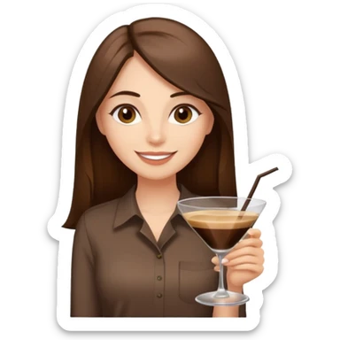 Happy woman with long straight brown hair, brown eyes with a espresso martini shirt on sticker