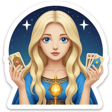 Realistic modern blonde with long hair and blue eyes holds tarot cards in her hands sticker