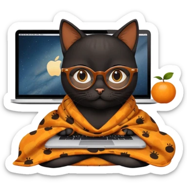 A black female cat working on a MacBook, with long, black straight lashes, round glasses and she wears a blanket with an orange fruit pattern sticker