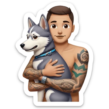 Tattooed both arms guy hugging a husky dog sticker