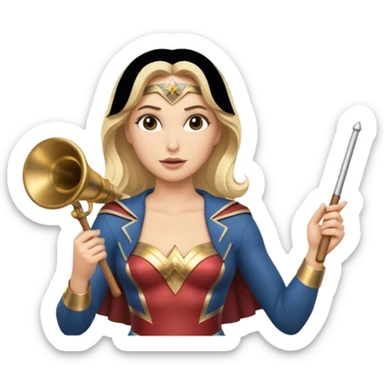 Blonde Wonder Woman holding bell and short white orchestra conductor’s baton  sticker