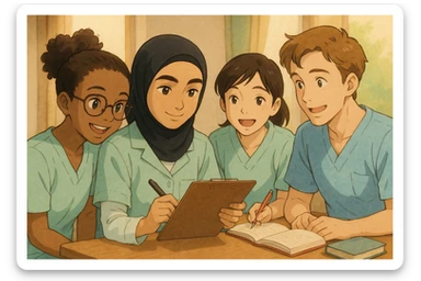 Four nursing students working together in a friendly, collaborative atmosphere. Diverse group wearing medical uniforms. One student inspired by the reference image. Rendered in detailed, warm, and expressive Ghibli style. sticker