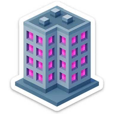 Russian panel apartment building, modern square block, light gray, windows with bright pink glow, isometric view sticker