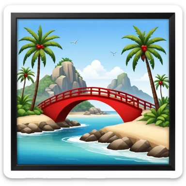  island with contemporary architecture, beaches with palm trees, and a red bridge on one side sticker