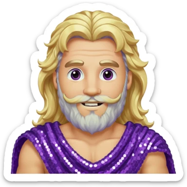 Zeus from Olympus Gods with long blonde wavy hair and beard, purple sequin loincloth sticker