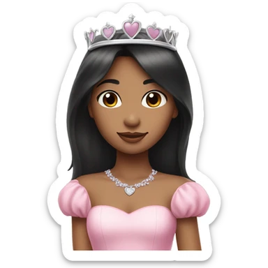 Princess girl long black hair with bang with silver pink heart tiara and pink dress sticker