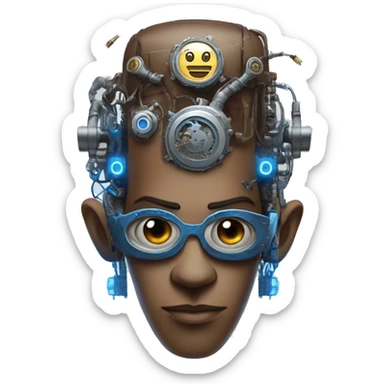 Brown cyborg head with blue Mohawk, blue beard, silver steampunk monocle goggles a smile and circuits sticker