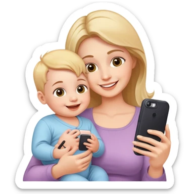happy mother holding phone taking selfie with smiling baby sticker