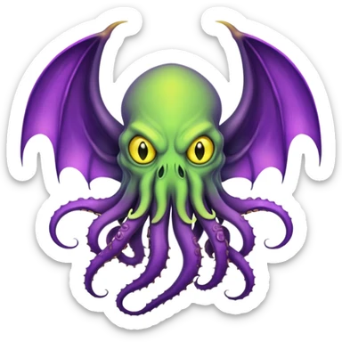 light green Cthulhu with purple bat wings and purple gradient tentacles. Yellow angry eyes. yellow suckers on tentacles. dramatic ominous shading sticker