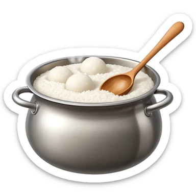 deep stainless steel pot with boiling floating glutinous rice flour balls and one wooden spoon sticker